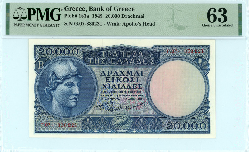Greece
Bank of Greece (ΤΡΑΠΕΖΑ ΤΗΣ ΕΛΛΑΔΟΣ)
20.000 Drachmai, 29th December 1949
...