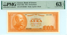 Greece
Bank of Greece (ΤΡΑΠΕΖΑ ΤΗΣ ΕΛΛΑΔΟΣ)
10 Drachmai, 15th May 1954
S/N απ 201096
Watermark: Apollo’s Head
Pick 189a; Pitidis 173

Graded Choice Un...