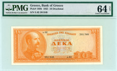 Greece
Bank of Greece (ΤΡΑΠΕΖΑ ΤΗΣ ΕΛΛΑΔΟΣ)
10 Drachmai, 1st March 1955
S/N ε.02 381349
Pick 189b; Pitidis 173

Graded Choice Uncirculated 64 NE...