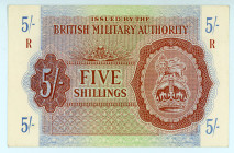 Greece
British Military Authority
5/- Shillings, ND (1943)
S/N No Serial, R Series 
Pick M4; Pitidis 437

Extremely fine.