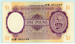 Greece
British Military Authority
Pound, ND (1943)
S/N R40 963199
Pick M6a; Pitidis 439

About extremely fine.