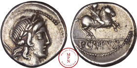 Crepusia, P. Crepusius, Denier, 82 avant J.-C., Av. Tête laurée d'Apollon à droite, un sceptre derrière la tête, Rv. P. CREPVSI, Cavalier à droite, br...