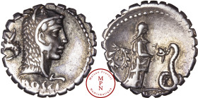 Roscia, L. Roscius Fabatus, Denier, 64 avant J.-C., Av. L•ROSCI, Tête de Junon Sospita à droite, coiffée d'une peau de chèvre, derrière-elle une couro...