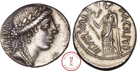 Acilia, Man. Acilius Glabrio, Denier, 49 avant J.-C., Av. SALVTIS, Tête de la Santé à droite, coiffée d'une couronne de laurier, avec boucles d'oreill...
