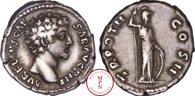 Marc-Aurèle (161-180), Caesar (139-161), Denier, 148, Rome, Av. AVRELIVS CAESAR AVG P II F, Tête nue à droite, Rv. TR POT II COS II, Pallas debout, ca...