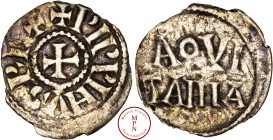 France, Aquitaine, Pépin II (839-852), Obole, Av. + PIPPINVS REX, Croix, Rv. AQVI / TANIA, Argent, TTB/TTB+, 0.66 g, 17 mm, Prou 664 – MG.598, Poids l...