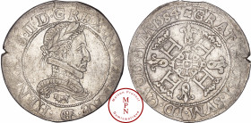 France, Navarre-Béarn, Henri II (1572-1589), Franc, 1584, Pau, Av. HENRICVS. II. D. G. REX. NAVARRAE. D B, Buste à droite, lauré, cuirassé avec un col...