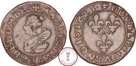 France, Dombes, Marie de Bourbon-Montpensier (1608-1626), Double Tournois, Type 5, 1625 Av. + MARIE. SOVVER. DE. DOMBES., Buste à gauche, Rv. + DOVBLE...
