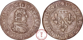 France, Dombes, Gaston d'Orléans, Double Tournois, Type 8, 1634, Trévoux, Av. + GASTON. VSVE. DE. LA. SOV. DOM, Buste à droite de Gaston d'Orléans, dr...