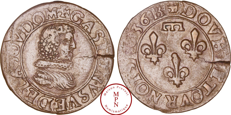 France, Dombes, Gaston d'Orléans, Double Tournois, Type 8, 1636, B, Trévoux, Av....