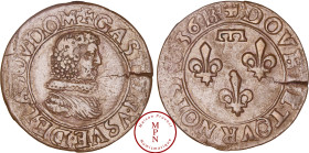 France, Dombes, Gaston d'Orléans, Double Tournois, Type 8, 1636, B, Trévoux, Av. + GASTON. VSVE. DE. LA. SOV. DOM, Buste à droite de Gaston d'Orléans,...
