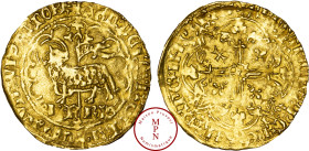 France, Charles VI (1380-1422), Agnel d'or, 1417, Montpellier, Av. + AGN: DEI: QVI TOLL': PECAT: MVDI: MISE: NOBIS, Agneau pascal à gauche, une des pa...