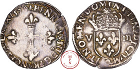 France, Henri III (1574-1589), Huitième d'écu, croix de face, 1579, 9, Rennes, Av. + HENRICVS. III. D G. FRANC. ET. POL. REX, Croix fleurdelisée, Rv. ...