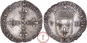 France, Henri III (1574-1589), Huitième d'écu, croix aux bras fleurdelisés de face, 1580, H, La Rochelle, Av. + HENRICVS. III. D G. FRANC. ET. POL. RE...