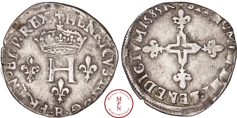 France, Henri III (1574-1589), Double sol parisis, 2e type, 1585, R, Villeneuve-...