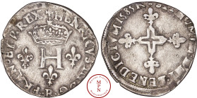 France, Henri III (1574-1589), Double sol parisis, 2e type, 1585, R, Villeneuve-lès-Avignon, Av. HENRICVS. III. D. G. FRAN° ET. P. REX., H couronné ac...