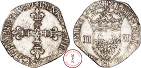 France, Henri III (1574-1589), Quart d'écu, croix aux bras fleurdelisés, écu de face, 1585, H, La Rochelle, Av. + HENRICVS. III. D. G. FRANC. POL. REX...