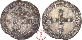 France, Henri III (1574-1589), Huitième d'écu, Ecu de face, 1587, G, Poitiers, Av. + HENRICVS. III. D G. FR. POL. REX, Ecu couronné de France, accosté...