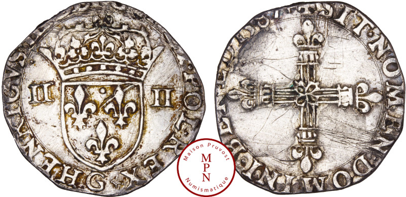 France, Henri III (1574-1589), Quart d'écu, croix aux bras fleurdelisés, écu de ...