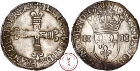 France, Henri III (1574-1589), Quart d'écu, croix aux bras fleurdelisés de face, 1587, K, Bordeaux, Av. + HENRICVS. III. D: G. FRAN.CO ET. POL. REX,: ...
