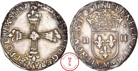 France, Henri III (1574-1589), Quart d'écu, croix aux bras fleurdelisés de face, 1587, M, Toulouse, Av. + HENRICVS. III. D G. FRAN. ET. POL. REX, Croi...