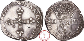 France, Henri III (1574-1589), Quart d'écu, croix aux bras fleurdelisés de face, 1588, F, Angers, Av. + HENRICVS. D: G. FRAN. ET. POL. REX. 1588, Croi...