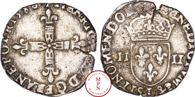 France, Henri III (1574-1589), Quart d'écu, croix aux bras fleurdelisés de face, 1588, L, Bayonne, Av. + HENRICVS. III. D. G. FRAN. E. POL. R, Croix f...