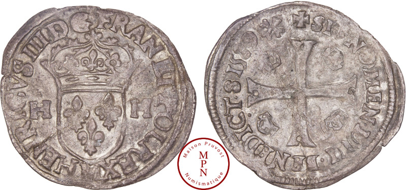 France, Henri III (1574-1589), Douzain aux 2 H, 1er type avec revers aux quatres...