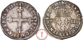 France, Henri III (1574-1589), Quart d'écu, Croix aux bras fleurdelisés de face, Au nom de Henri III, frappe posthume, 1590, L, Bayonne, Av. + HENRICV...