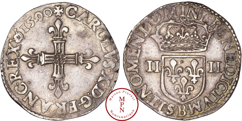 France, Charles X, Roi de la ligue (1589-1598), Quart d'écu, croix aux bras fleu...