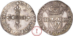 France, Charles X, Roi de la ligue (1589-1598), Quart d'écu, croix aux bras fleurdelisés de face, 1590, B, Rouen, Av. + CAROLVS. X. D: G. FRANC. REX.,...