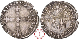 France, Charles X, Roi de la ligue (1589-1598), Huitième d'écu, croix de face, 1597, T, Nantes, Av. + CAROLVS. X. D G. FRANC. REX, Croix fleurdelisée,...