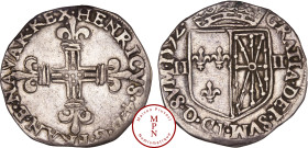 France, Henri IV (1589-1610), Quart d'écu de Navarre, 1592, Saint-Palais, Av. HENRICVS. 4. D. G. FRAN. E. NAVAR. REX., Croix fleurdelisée, Rv. GRATIA....