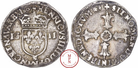 France, Henri IV (1589-1610), Quart d'écu, écu de face, 2e type à la croix aux bras fleuronnés, 1603, &, Aix, Av. + HENRICVS IIII. D. G. FRANC. ET. NA...