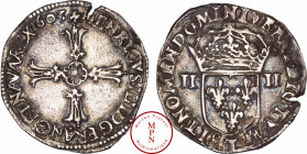 France, Henri IV (1589-1610), Quart d'écu, 3e type avec croix aux bras fleuronnés de face, 1603, T, Nantes, Av. + HENRICVS. IIII. D. G. FRANC. ET. NAV...