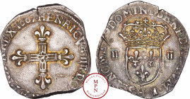 France, Henri IV (1589-1610), Quart d'écu, 1er type avec croix aux bras fleurdelisés de face, 1607, H, La Rochelle, Av. HENRICVS IIII D : G. FRAN. ET....