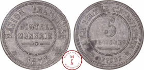 France, Troisième République (1870-1940), Contre-monnaie de 5 centimes, 1873, Paris, Av. NATION FRANCAISE // CONTRE / MONNAIE // 1873, Rv. LA LOI PUNI...