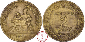 France, Troisième République (1870-1940), 2 Francs, Chambre de Commerce de France, 1927 Av. COMMERCE INDUSTRIE, Mercure assis à gauche, tenant les att...