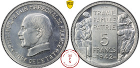 France, Etat-Français (1940-1944), Essai grand module, 5 Francs, Pétain, par Bazor et Galle, 1942, Paris, Av. + PHILIPPE PETAIN MARECHAL DE FRANCE+ / ...