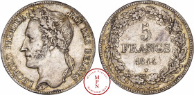 Belgique, Léopold Ier (1831-1865), 5 Francs, Position B, 1844 Av. LEOPOLD PREMIER ROI DES BELGES, Tête laurée à gauche, Rv. 5 FRANCS 1844 dans une cou...