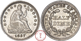 Etats-Unis (USA), Half-Dime, Liberty seated, Type 3, 1857, Philadelphie, Av. La Liberté assise à droite, la tête à gauche, assise sur un bouclier sur ...