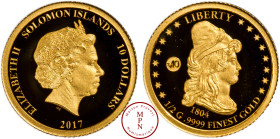 Iles Salomon, Elisabeth II (1952-2022), Valuable 10 collection, 10 Dollars, Liberty Draped Bust 1804, 2017 2.500 ex., Or, 999%, FDC, PROOF, 0.5 g, 11 ...