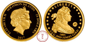 Iles Salomon, Elisabeth II (1952-2022), Valuable 10 collection, 10 Dollars, Liberty Draped bust dollar 1804, 2017 2.500 ex., Or, 999%, FDC, PROOF, 0.5...