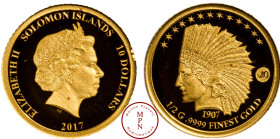Iles Salomon, Elisabeth II (1952-2022), Valuable 10 collection, 10 Dollars, Indian Head 1907, 2017 2.500 ex., Or, 999%, FDC, PROOF, 0.5 g, 11 mm,