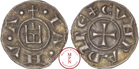 Italie, Gènes (Genova), République (1139-1339), Denier, Av. + . IA. NV. A., Castel, Rv. +CVNRADI REX, Argent, SUP, 0.64g, 15 mm, MIR 16,