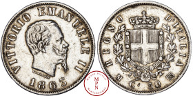 Italie, Victor Emmanuel II (1861-1878), 50 Centesimi, 1863, M, Milan, Av. VITTORIO EMANUELE II, Tête nue à droite, Rv. REGNO D'ITALIA, Armes couronnée...