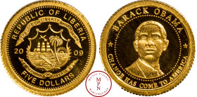 Liberia, 5 Dollars, Barack Obama, 2009 Or, 999%, FDC, PROOF, 0.5 g, 11 mm,
