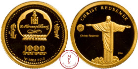 Mongolie, République de Mongolie (1992-), 1000 Tugrik, Le Christ Rédempteur, 2008 Av. 1000 TERPER, Emblême de la banque de Mongolie, Rv. CHRIST REDEEM...
