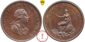 Royaume-Uni, Georges III (1760-1820), Half penny, 1799, soho, Av. GEORGIUS III DEI GRATIA REX, Buste lauré, drapé et cuirassé à droite, Rv. BRITANNIA,...