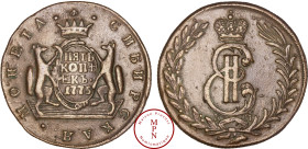 Russie, Catherine II (1762-1796), 5 Kopecks, 1775-KM, Suzun, Sibérie, Cuivre, TTB, 33.58 g, 38 mm, KM C-5 – Bitkin 1076.
